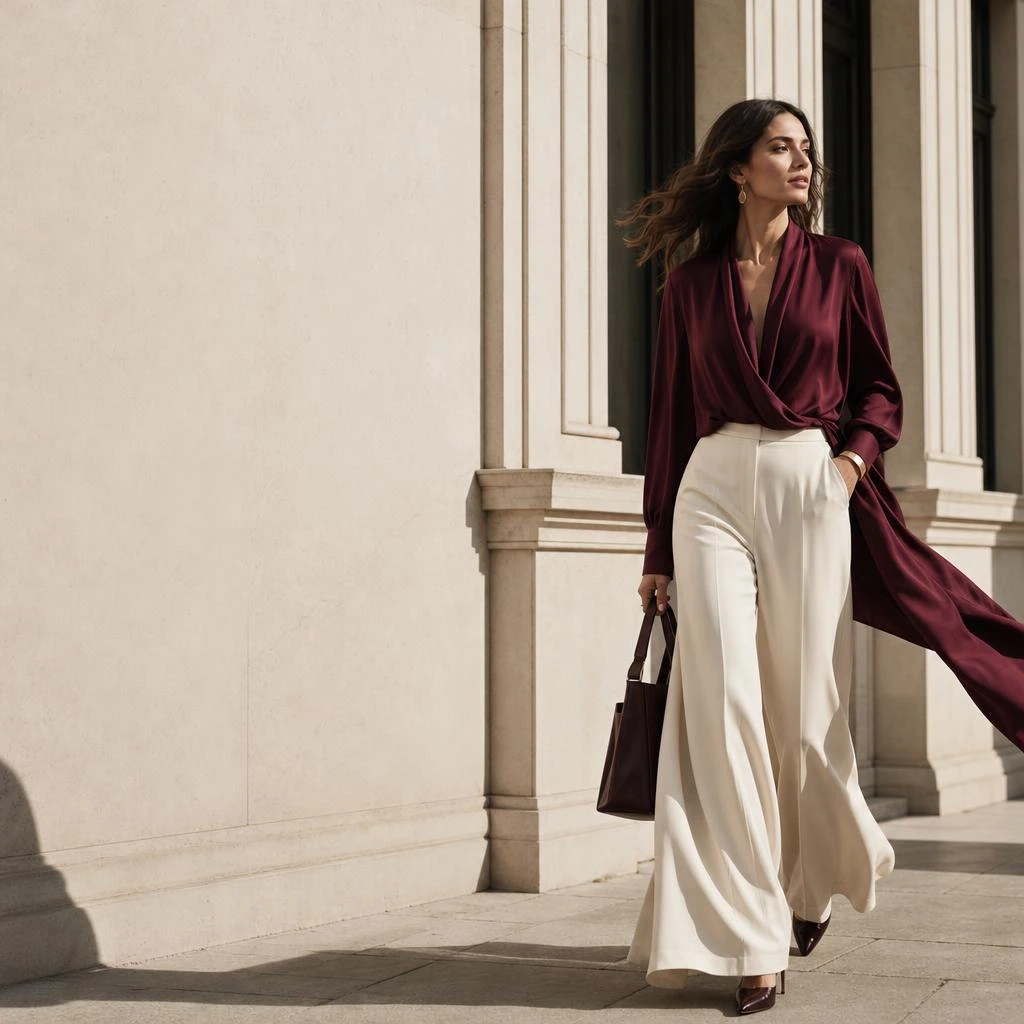Womenswear campaign with a burgundy blouse and ivory trousers